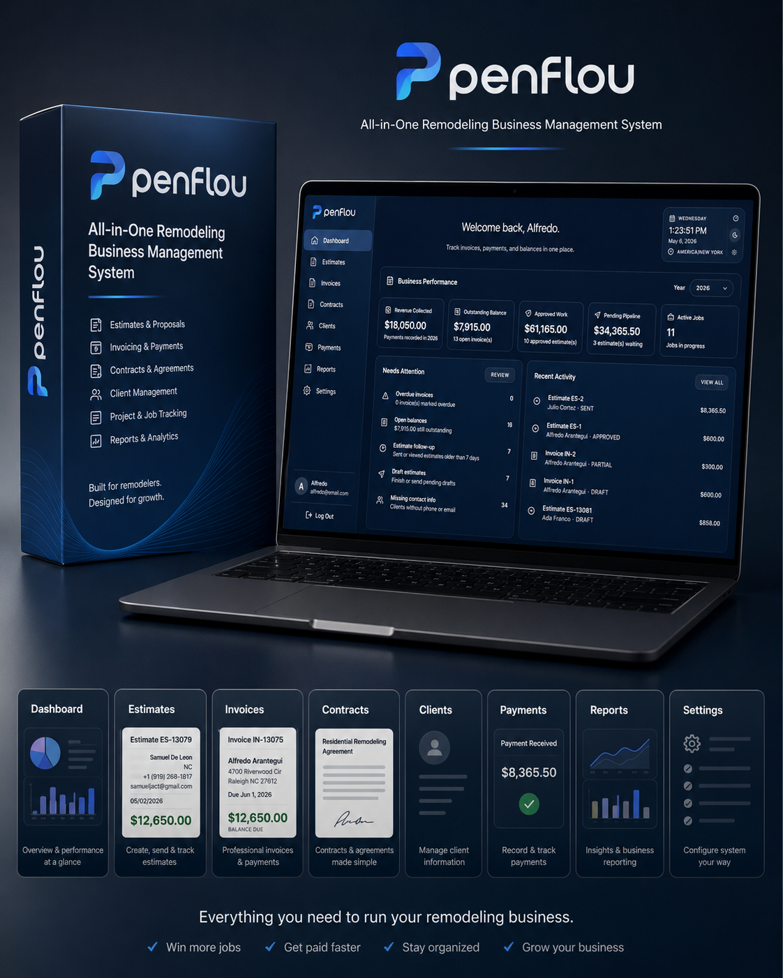 Penflou desktop dashboard, software box, and feature modules