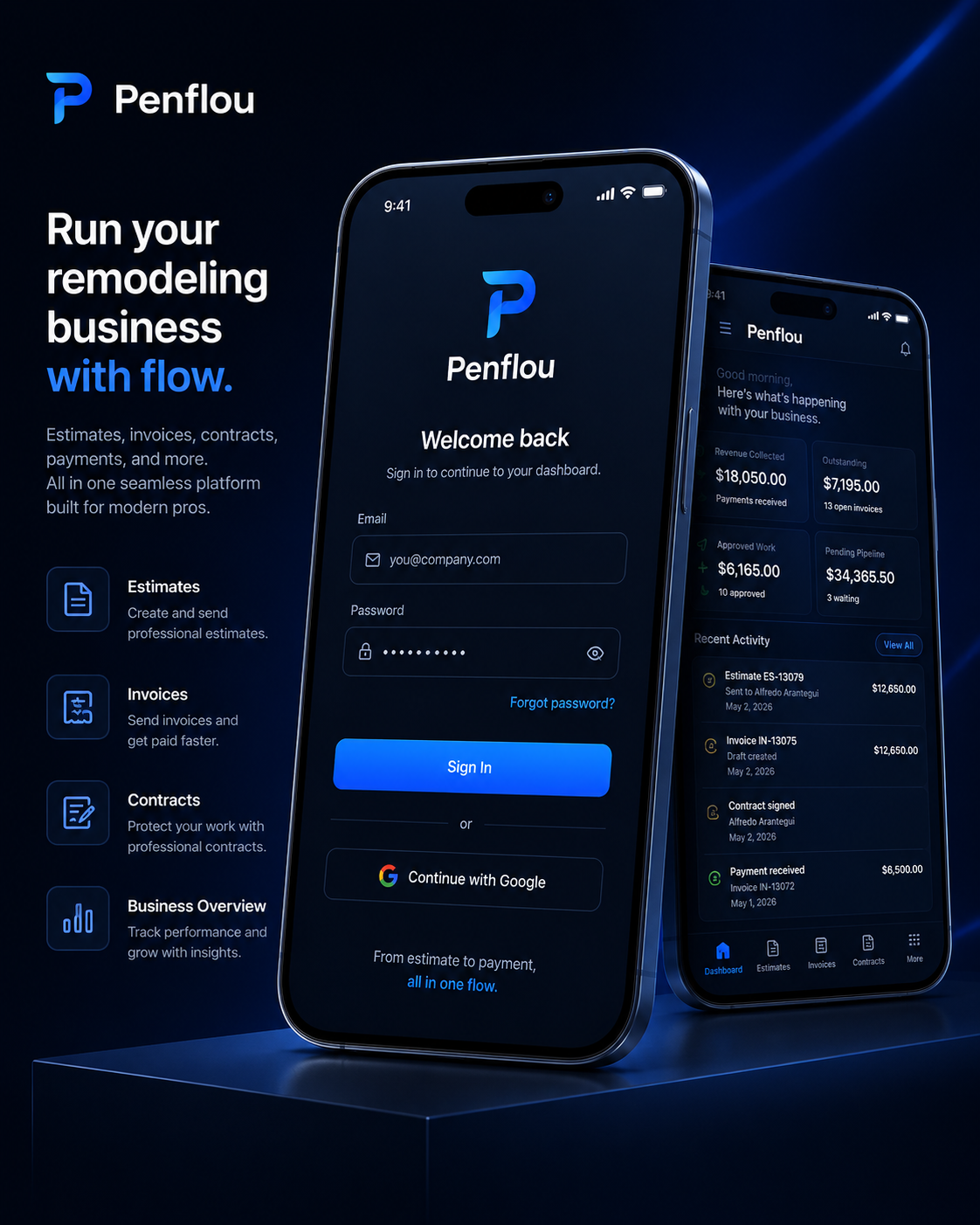Penflou mobile app preview with login and dashboard screens